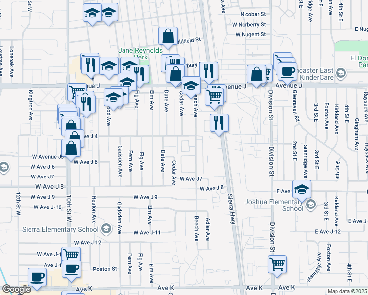 map of restaurants, bars, coffee shops, grocery stores, and more near 44078 Cedar Avenue in Lancaster