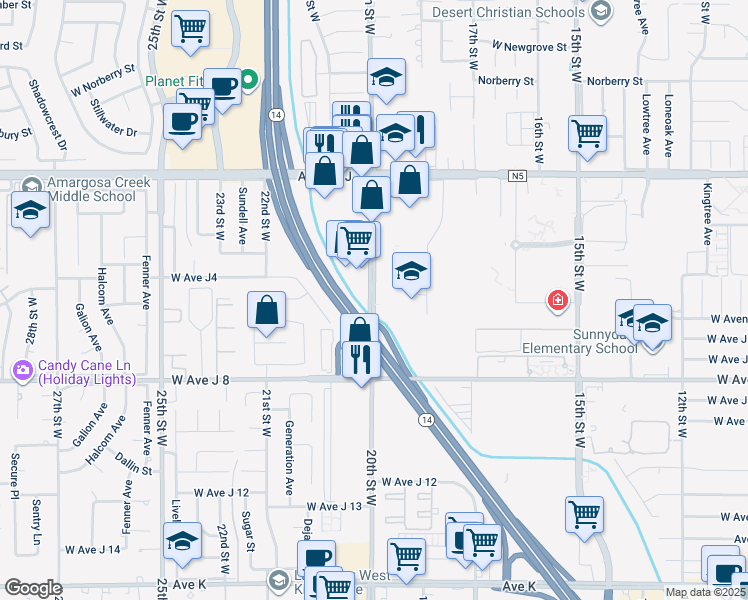 map of restaurants, bars, coffee shops, grocery stores, and more near 44140 20th Street West in Lancaster