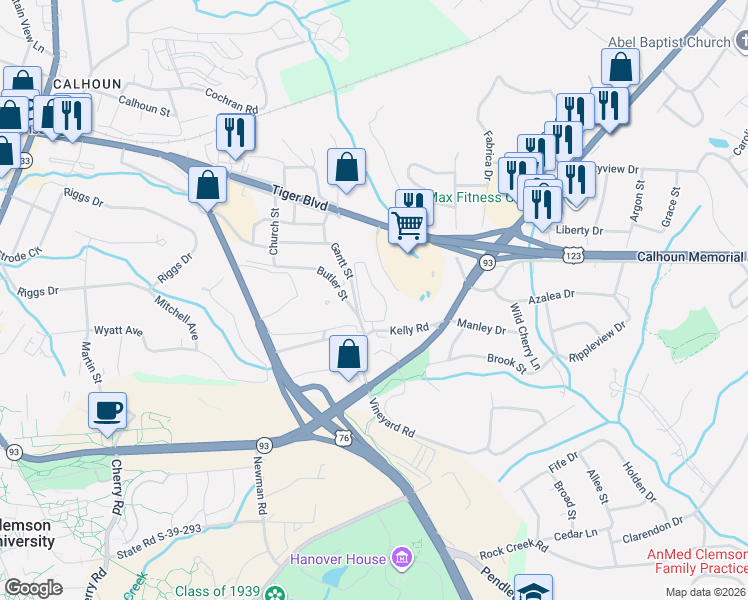 map of restaurants, bars, coffee shops, grocery stores, and more near 1 Epting Circle in Clemson