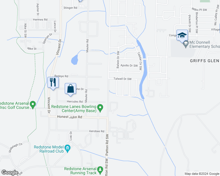 map of restaurants, bars, coffee shops, grocery stores, and more near 4501 Patton Road Southwest in Huntsville
