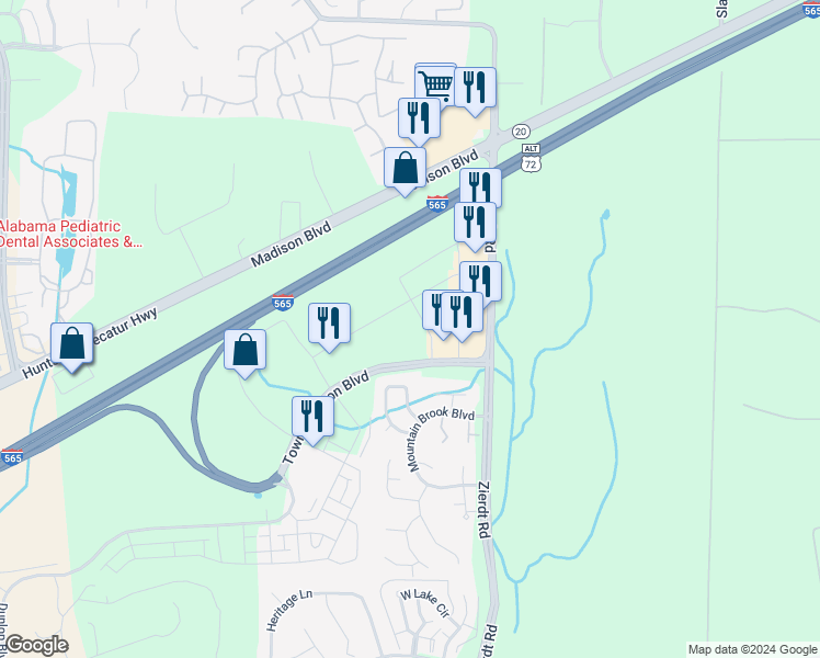 map of restaurants, bars, coffee shops, grocery stores, and more near 200 Town Madison Boulevard in Madison