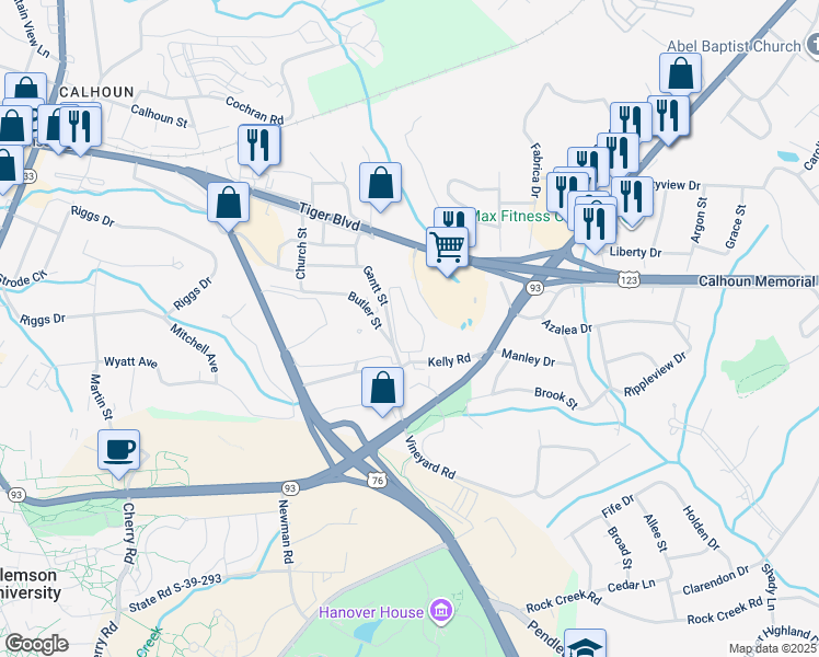 map of restaurants, bars, coffee shops, grocery stores, and more near 203 Kelly Road in Clemson