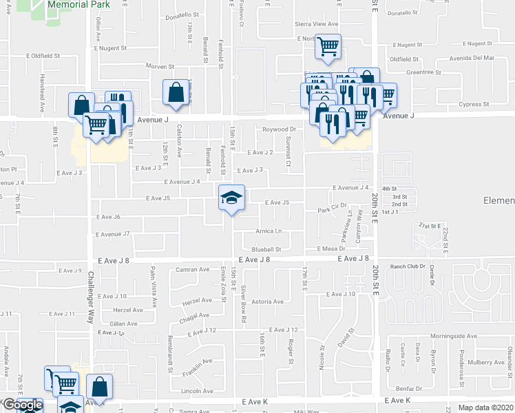 map of restaurants, bars, coffee shops, grocery stores, and more near 1540 East Avenue J5 in Lancaster