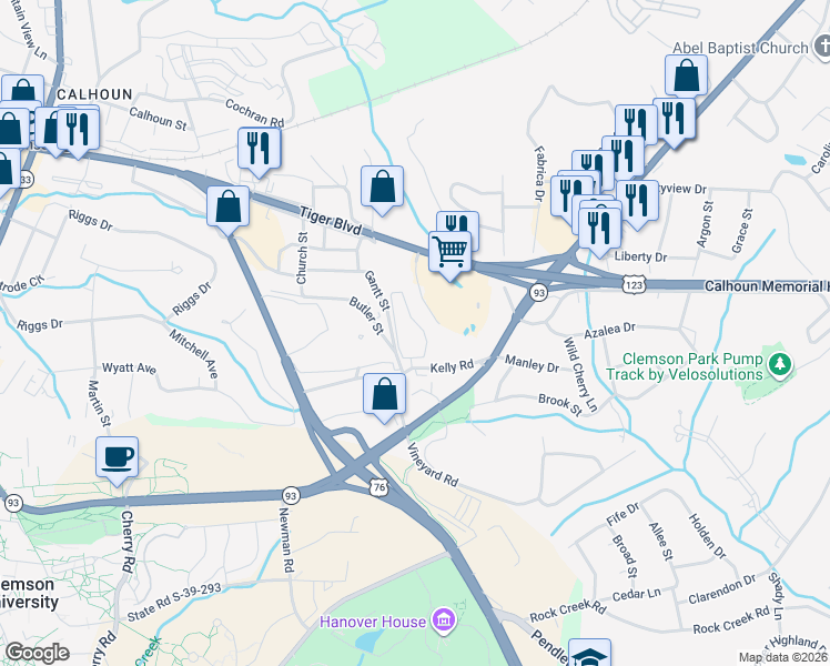 map of restaurants, bars, coffee shops, grocery stores, and more near 1 Epting Circle in Clemson