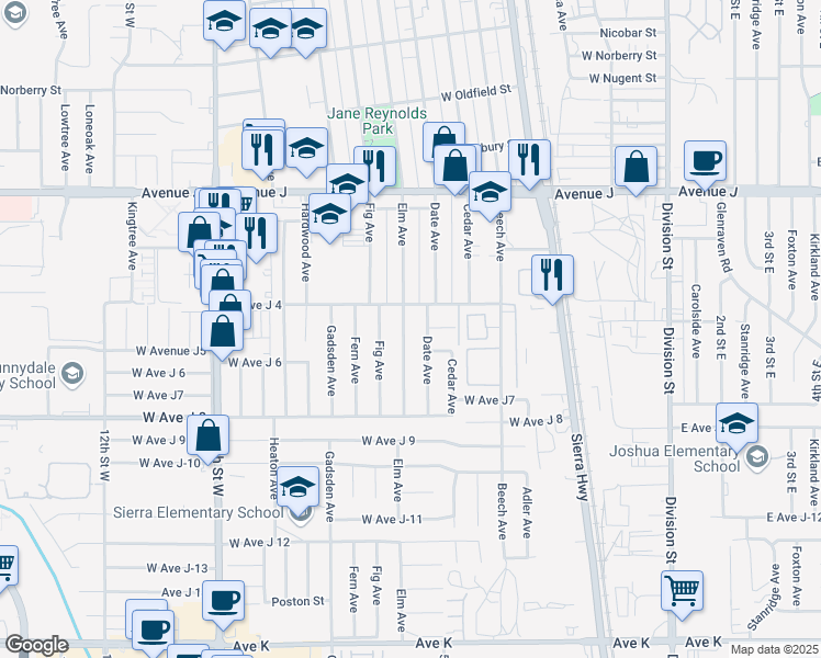 map of restaurants, bars, coffee shops, grocery stores, and more near 44136 Elm Avenue in Lancaster