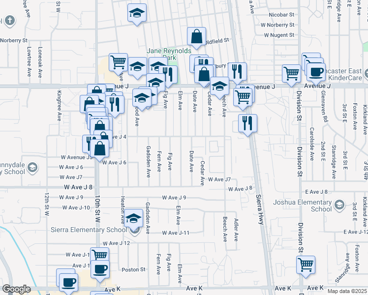 map of restaurants, bars, coffee shops, grocery stores, and more near 44136 Elm Avenue in Lancaster
