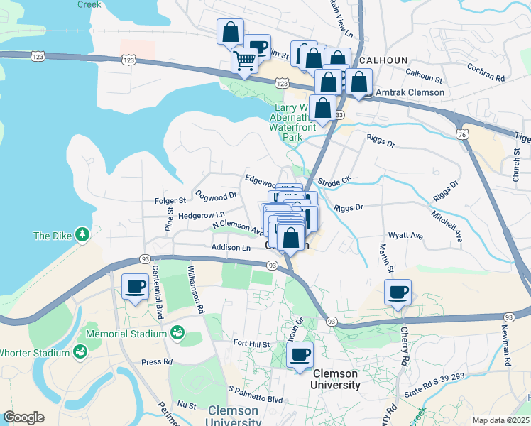 map of restaurants, bars, coffee shops, grocery stores, and more near 123 Sloan Street in Clemson