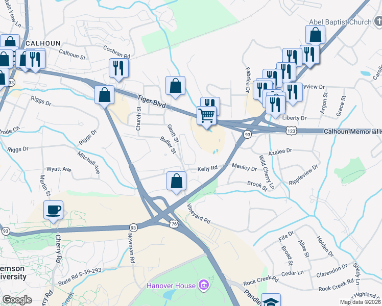 map of restaurants, bars, coffee shops, grocery stores, and more near 1 Epting Circle in Clemson