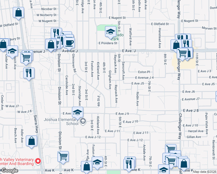 map of restaurants, bars, coffee shops, grocery stores, and more near 44135 Gingham Avenue in Lancaster