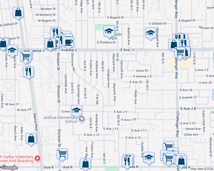 map of restaurants, bars, coffee shops, grocery stores, and more near 44135 Gingham Avenue in Lancaster