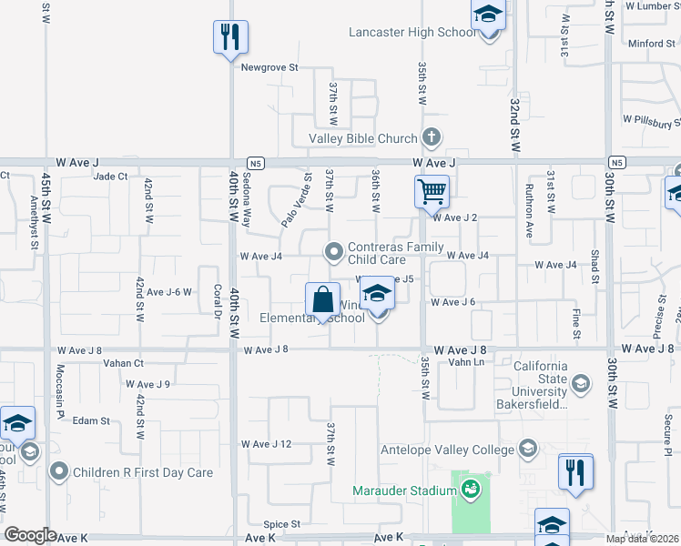 map of restaurants, bars, coffee shops, grocery stores, and more near 44125 37th Street West in Lancaster