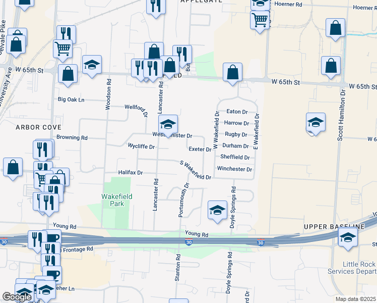 map of restaurants, bars, coffee shops, grocery stores, and more near 19 Exeter Drive in Little Rock