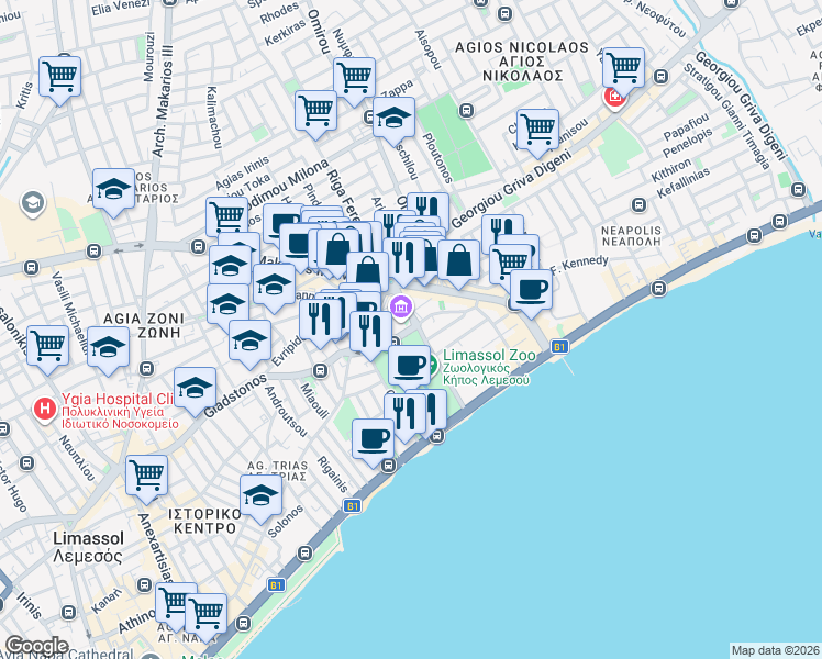 map of restaurants, bars, coffee shops, grocery stores, and more near Anastasi Sikouri in Limassol