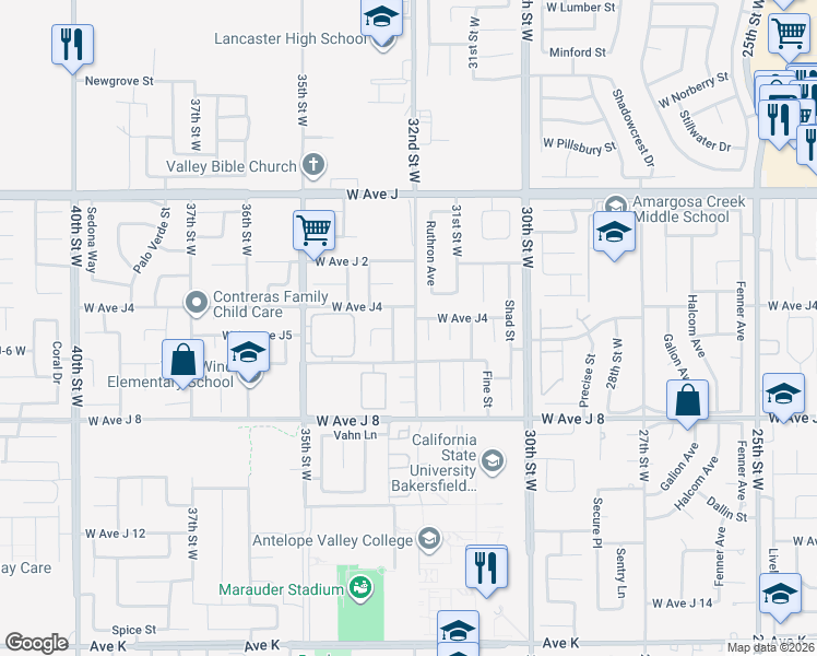 map of restaurants, bars, coffee shops, grocery stores, and more near 44133 32nd Street West in Lancaster