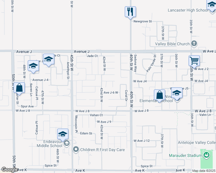 map of restaurants, bars, coffee shops, grocery stores, and more near 44142 Dawn Court in Lancaster