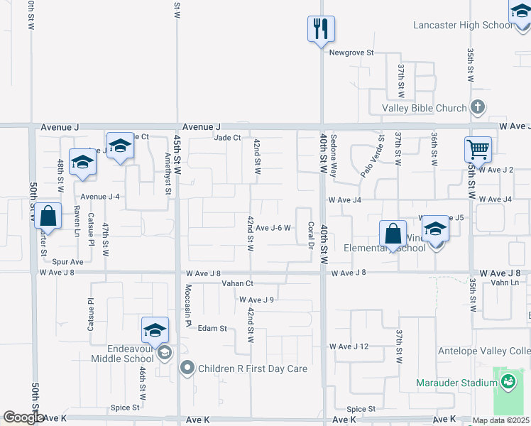 map of restaurants, bars, coffee shops, grocery stores, and more near 44142 Dawn Court in Lancaster