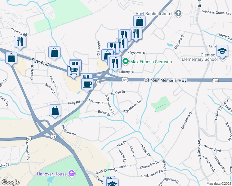 map of restaurants, bars, coffee shops, grocery stores, and more near 300 Pleasant Lane in Clemson