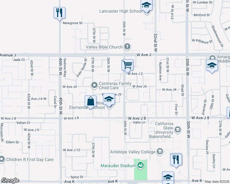 map of restaurants, bars, coffee shops, grocery stores, and more near 3533 West Avenue J5 in Lancaster