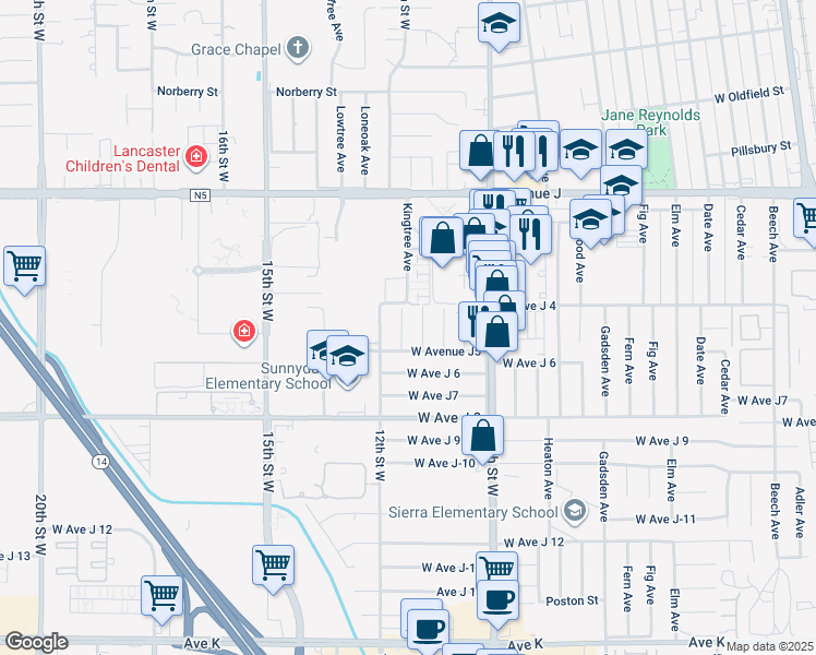 map of restaurants, bars, coffee shops, grocery stores, and more near 44140 Lightwoods Avenue in Lancaster