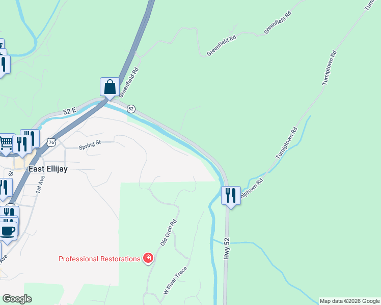 map of restaurants, bars, coffee shops, grocery stores, and more near 645 Riverside Drive in East Ellijay