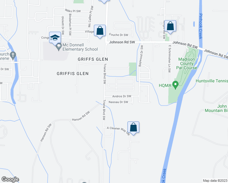 map of restaurants, bars, coffee shops, grocery stores, and more near 4509 Triana Boulevard Southwest in Huntsville