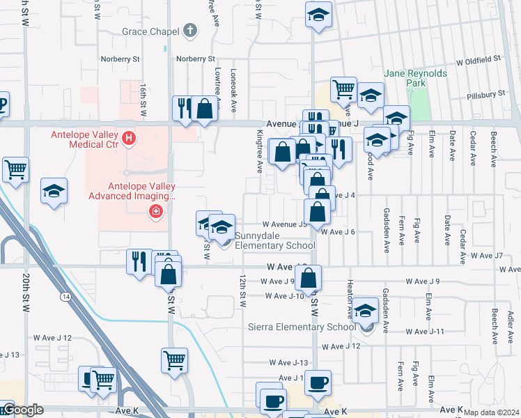 map of restaurants, bars, coffee shops, grocery stores, and more near 44140 Lightwoods Avenue in Lancaster