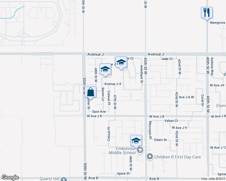 map of restaurants, bars, coffee shops, grocery stores, and more near 44117 47th Street West in Lancaster