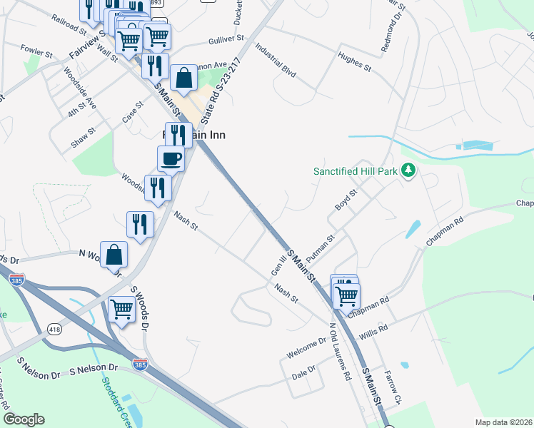 map of restaurants, bars, coffee shops, grocery stores, and more near 1 Brierfield Way in Fountain Inn