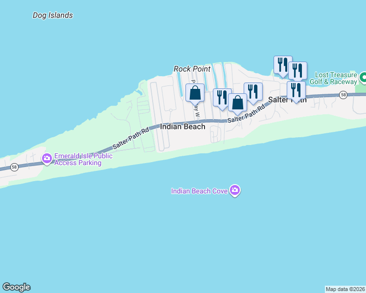map of restaurants, bars, coffee shops, grocery stores, and more near 1505 Salter Path Rd in Emerald Isle