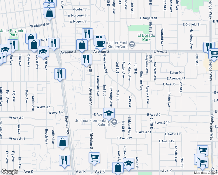 map of restaurants, bars, coffee shops, grocery stores, and more near 44120 2nd Street East in Lancaster