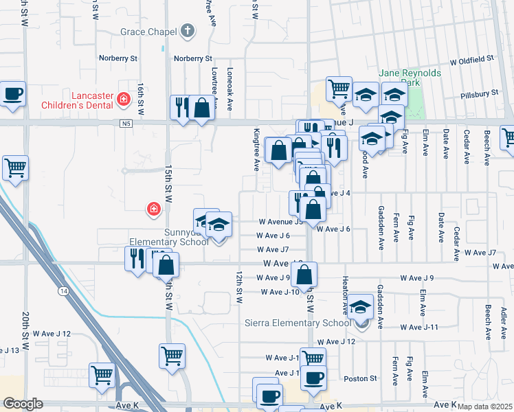 map of restaurants, bars, coffee shops, grocery stores, and more near 44140 Lightwoods Avenue in Lancaster