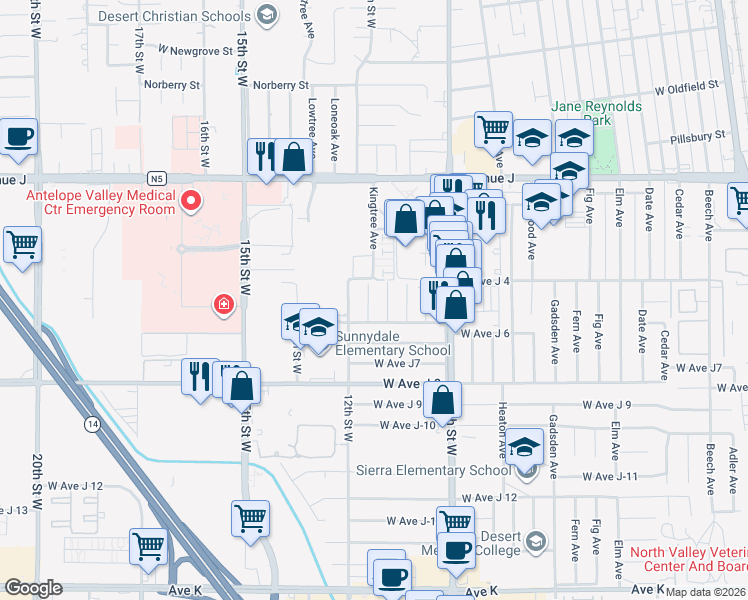 map of restaurants, bars, coffee shops, grocery stores, and more near 44118 12th Street West in Lancaster