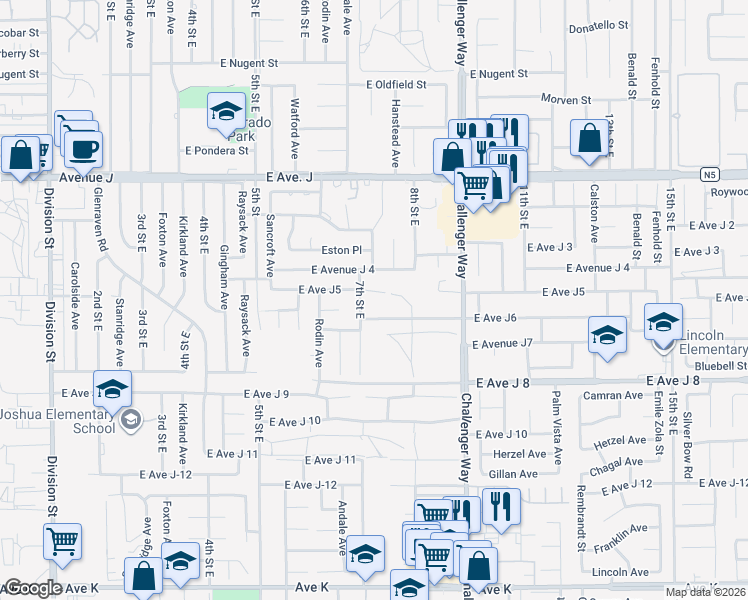 map of restaurants, bars, coffee shops, grocery stores, and more near 716 East Avenue J5 in Lancaster