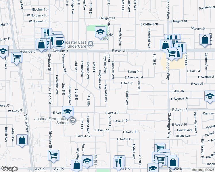 map of restaurants, bars, coffee shops, grocery stores, and more near 44136 Raysack Avenue in Lancaster