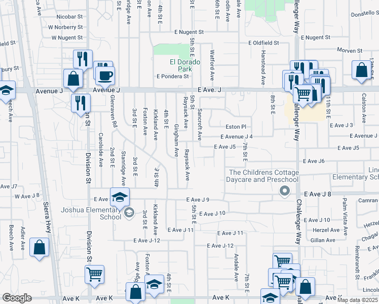 map of restaurants, bars, coffee shops, grocery stores, and more near 44136 Raysack Avenue in Lancaster