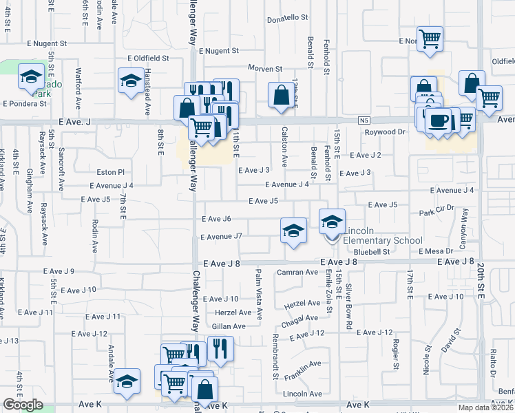 map of restaurants, bars, coffee shops, grocery stores, and more near 1145 East Avenue J6 in Lancaster