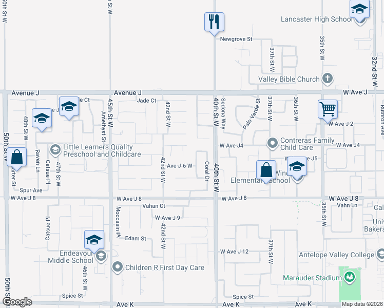 map of restaurants, bars, coffee shops, grocery stores, and more near 44149 Westridge Drive in Lancaster