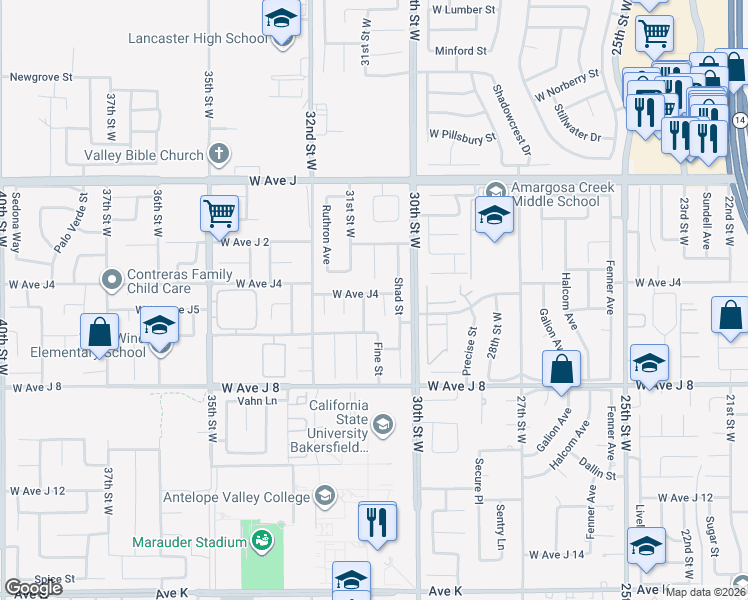 map of restaurants, bars, coffee shops, grocery stores, and more near 3046 West Avenue J4 in Lancaster