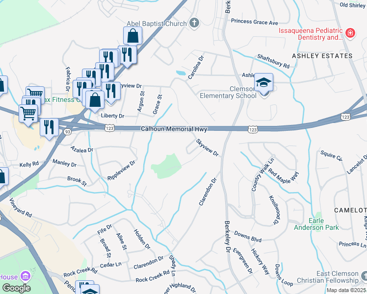 map of restaurants, bars, coffee shops, grocery stores, and more near 19 Dove Circle in Clemson