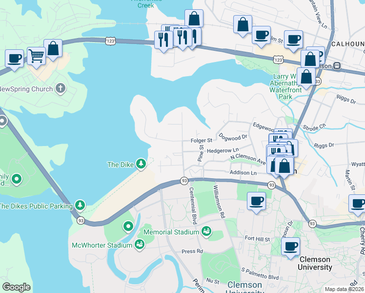 map of restaurants, bars, coffee shops, grocery stores, and more near 103 Oak Street in Clemson