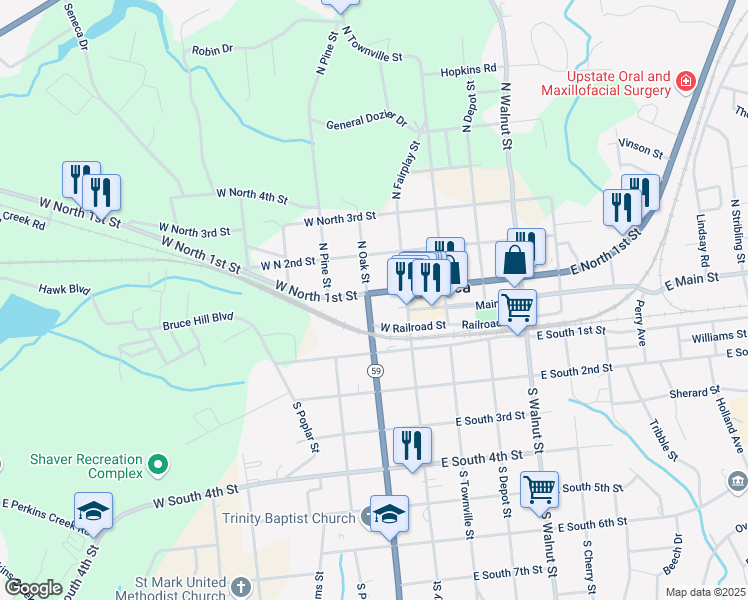 map of restaurants, bars, coffee shops, grocery stores, and more near 102 North Oak Street in Seneca