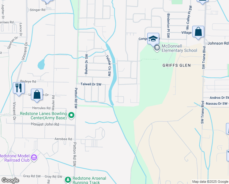 map of restaurants, bars, coffee shops, grocery stores, and more near 3800 Squaw Valley Drive Southwest in Huntsville