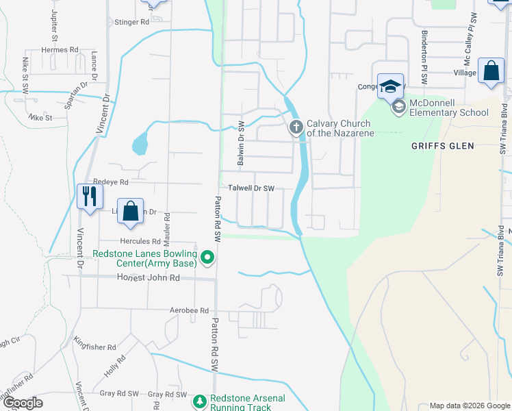 map of restaurants, bars, coffee shops, grocery stores, and more near 4415 Kiger Street Southwest in Huntsville