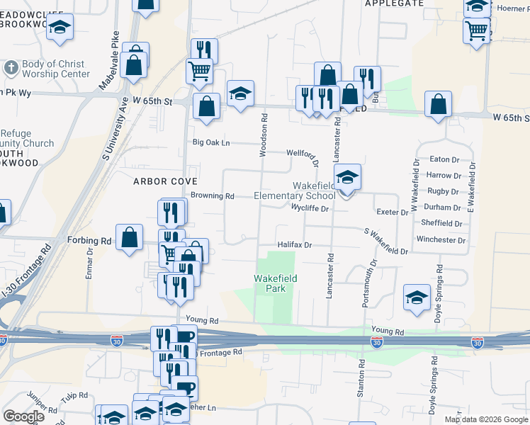 map of restaurants, bars, coffee shops, grocery stores, and more near 7119 Woodson Road in Little Rock