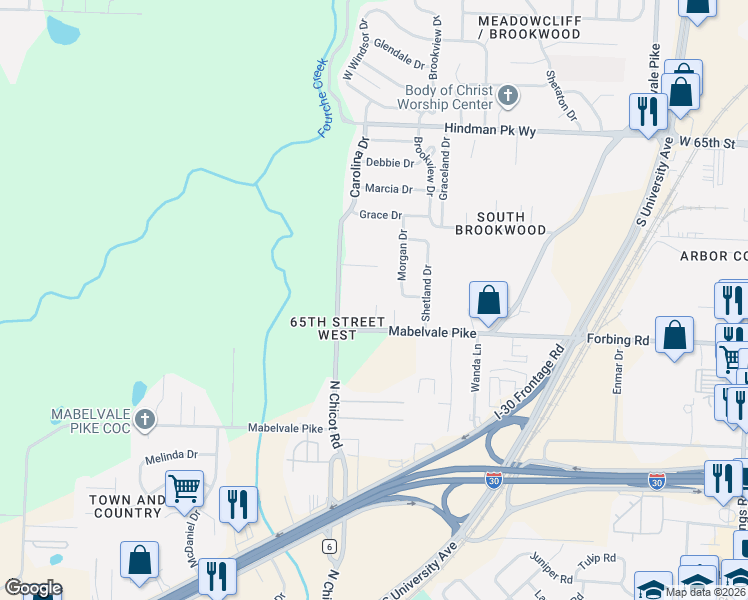 map of restaurants, bars, coffee shops, grocery stores, and more near 7418 Mabelvale Pike in Little Rock