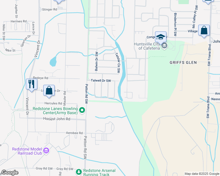 map of restaurants, bars, coffee shops, grocery stores, and more near 4406 Kiger Street Southwest in Huntsville