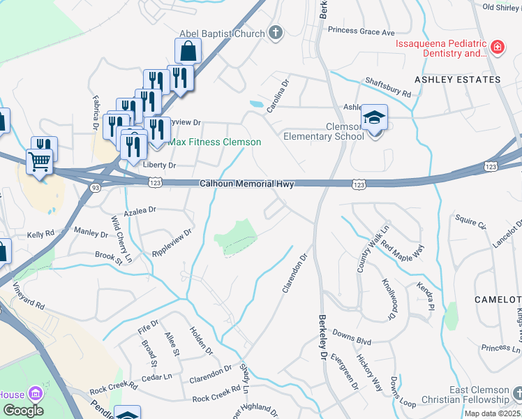 map of restaurants, bars, coffee shops, grocery stores, and more near 8 Dove Circle in Clemson
