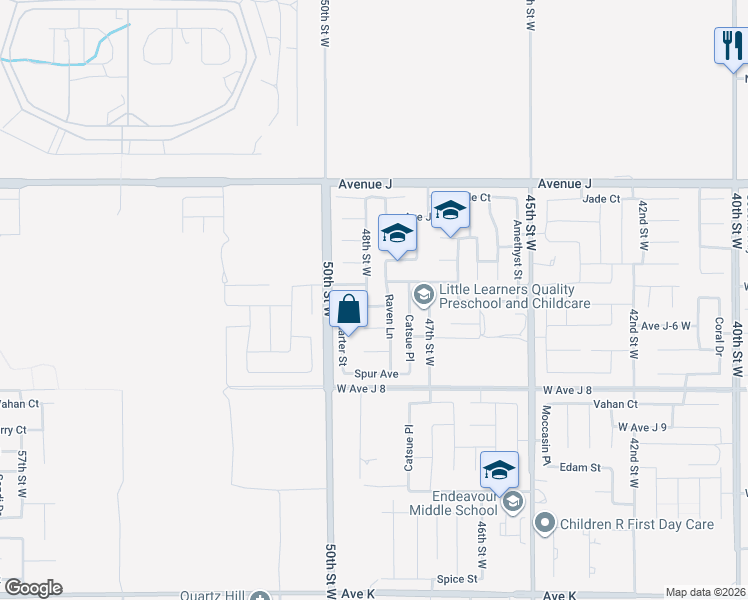 map of restaurants, bars, coffee shops, grocery stores, and more near 44142 48th Street West in Lancaster