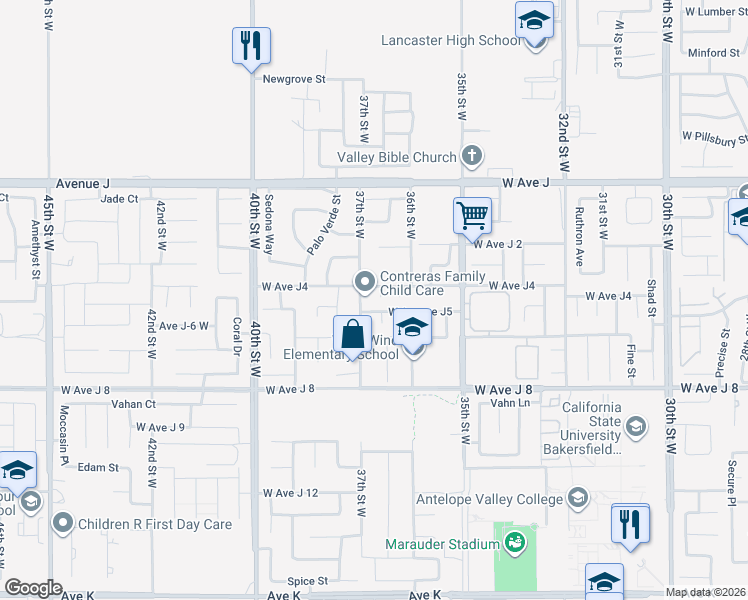 map of restaurants, bars, coffee shops, grocery stores, and more near 44147 Jamie Court in Lancaster