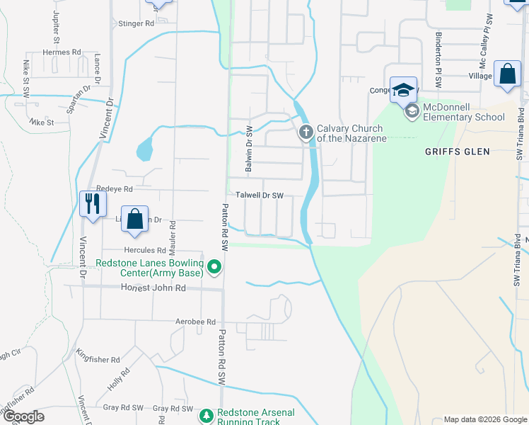 map of restaurants, bars, coffee shops, grocery stores, and more near 4415 Kiger Street Southwest in Huntsville